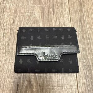 Harrods Knightsbridge black leather canvas logo tri fold wallet